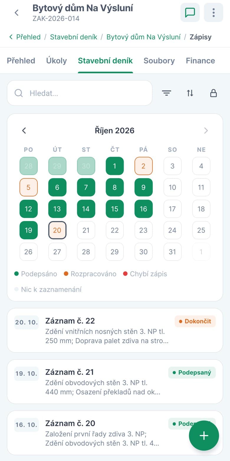 Kalendář zápisů stavebního deníku v mobilu