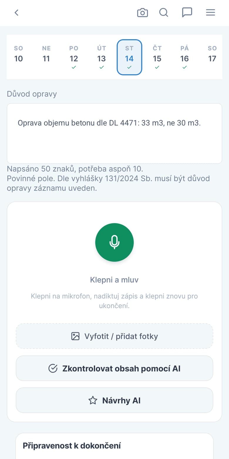 Opravný zápis s důvodem opravy v mobilu