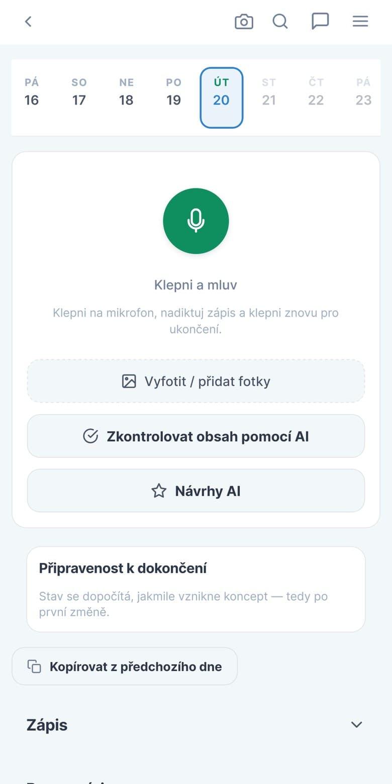 Diktování zápisu do deníku v mobilní aplikaci