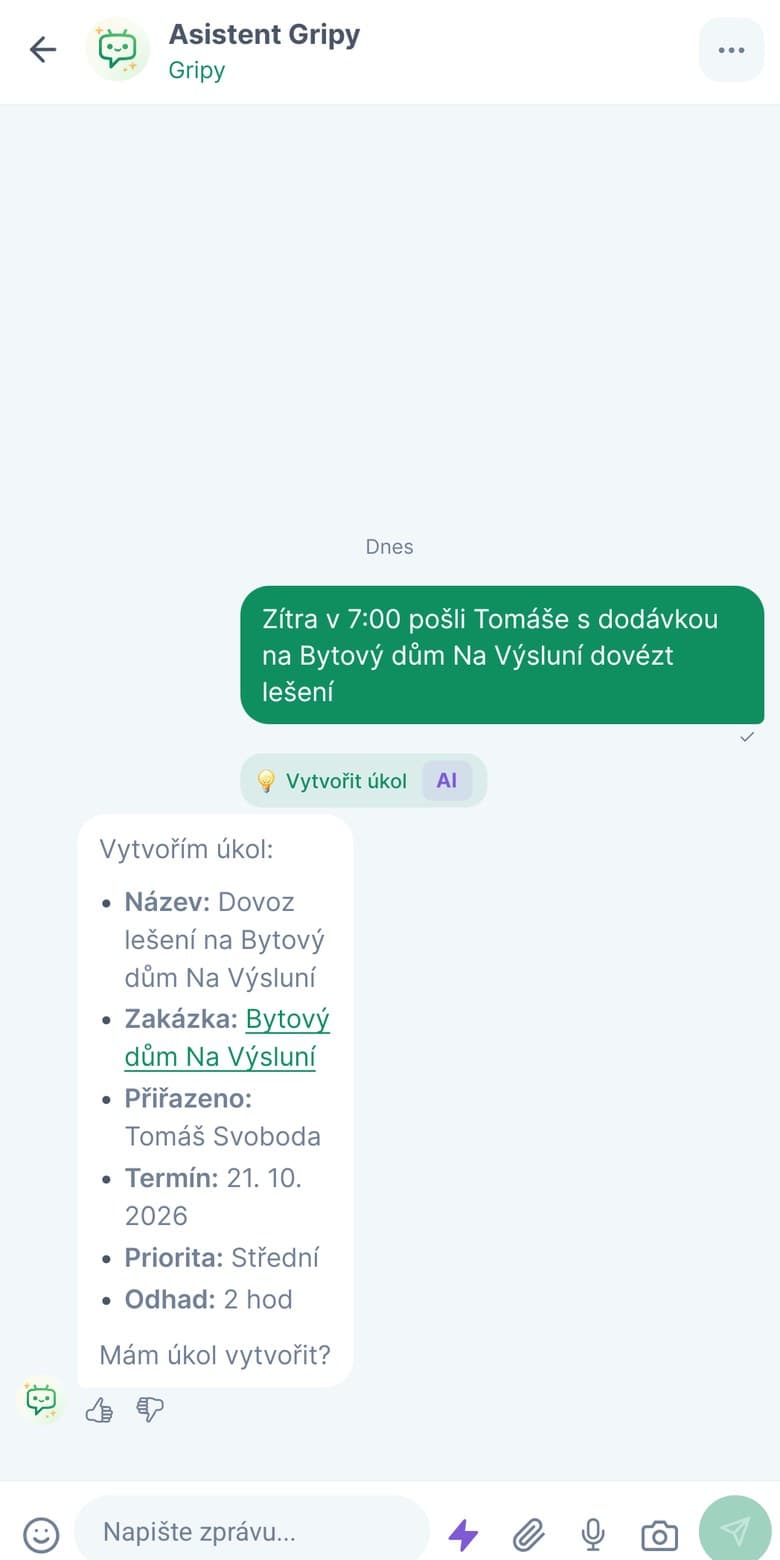 Zakládání úkolu přes asistenta Gripy