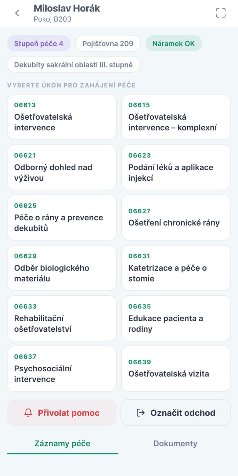 Detail pacienta v mobilní aplikaci