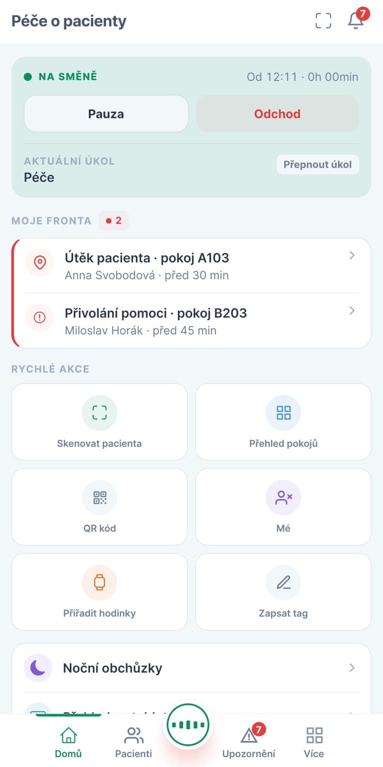 Obrazovka péče v mobilní aplikaci