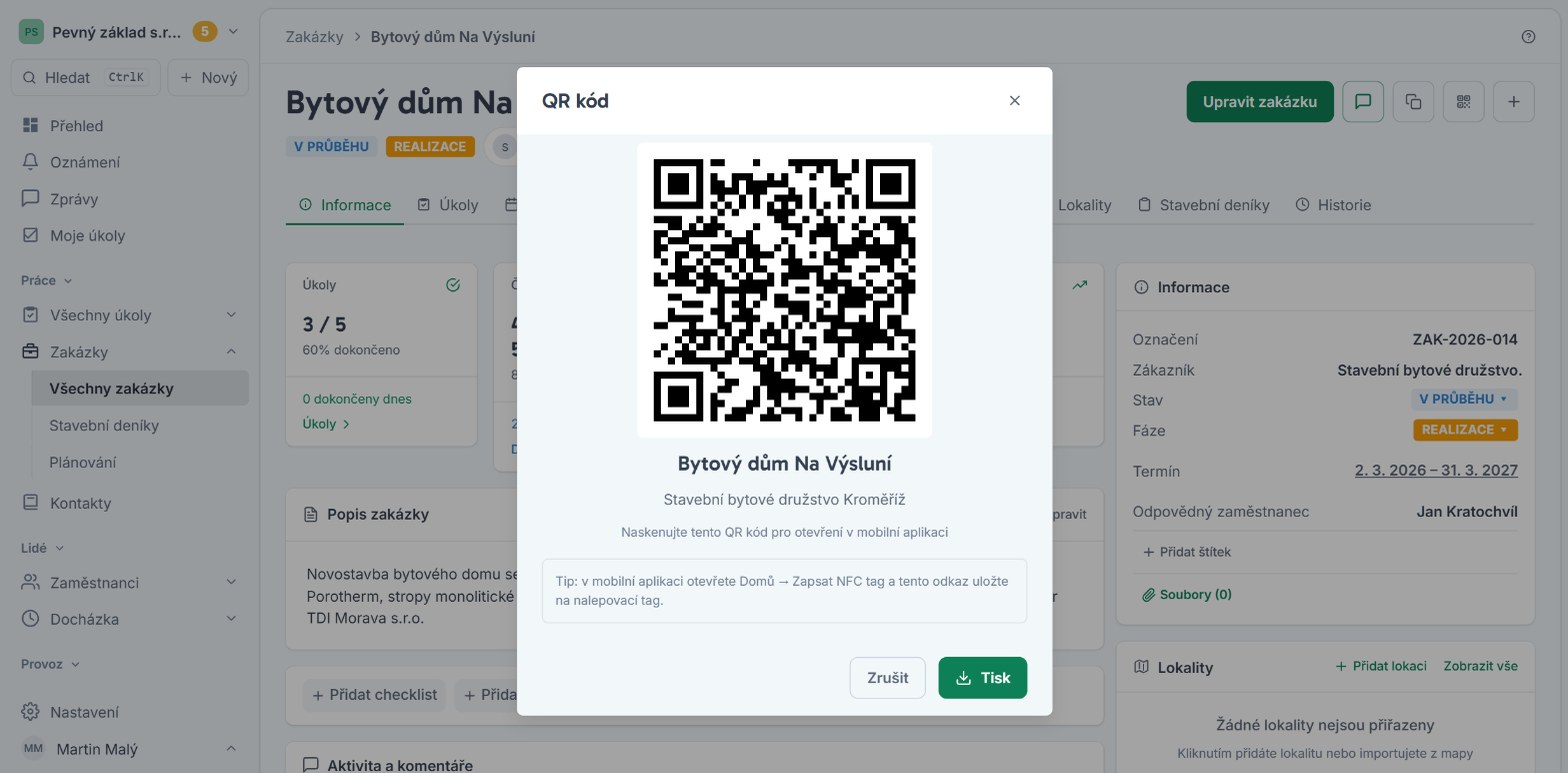 QR kód zakázky a tip na NFC štítek